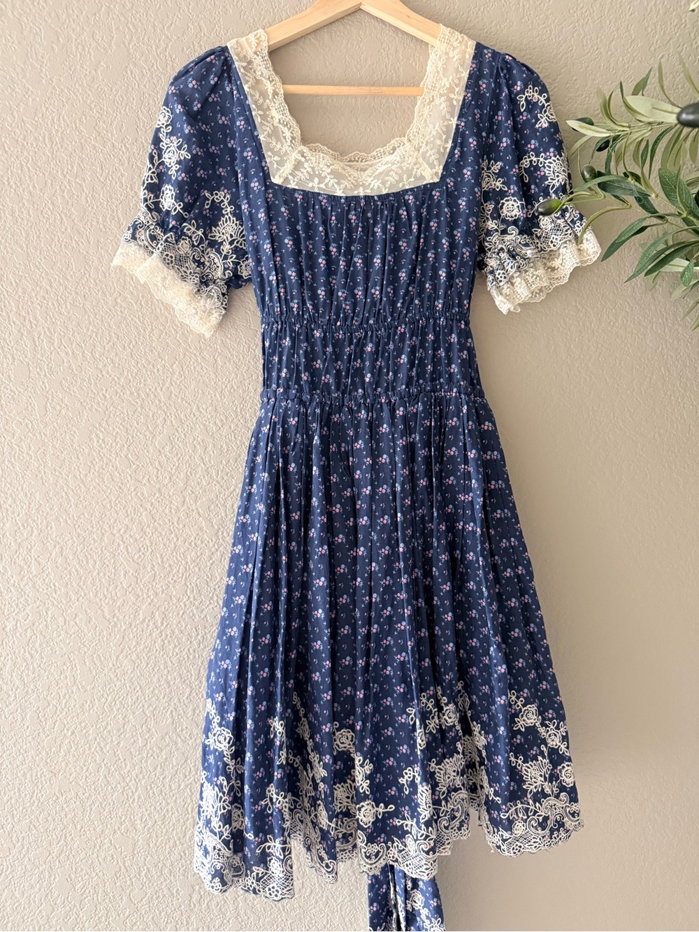 Navy Floral Lace-Trim Midi Dress